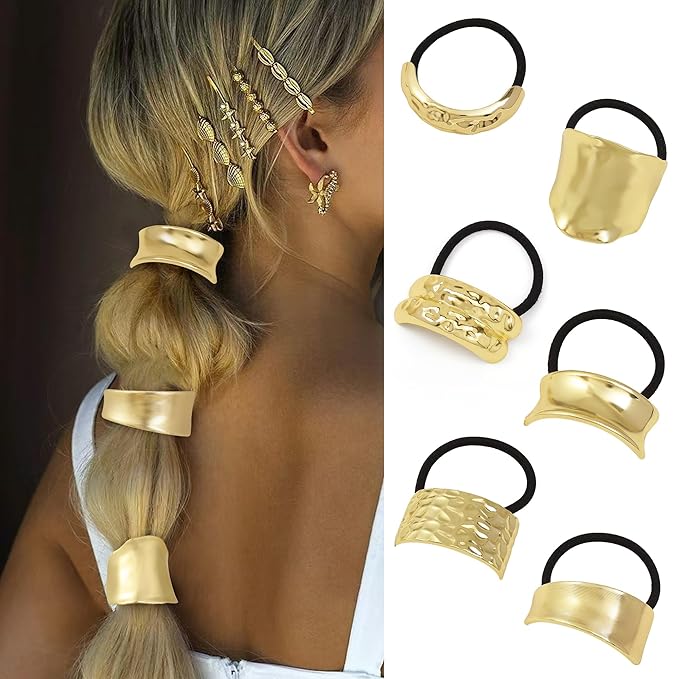 Gold Metal Hair Ties for Women - Cuffs, Accessories, Elastic Bands for Thick and Thin Hair Ponytails