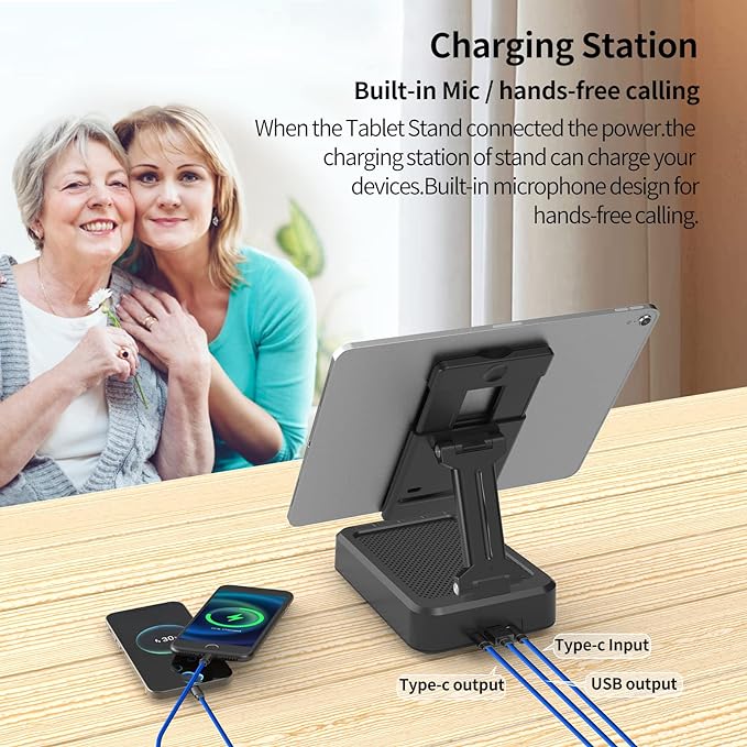 JTEMAN Tablet Stand Adjustable with Bluetooth Speakers,Kitchen Gadgets,Gifts for Women Men,Wireless Bluetooth Speaker Tablet Holder,Desk Mic Charging Sation Compatible with Phones and Tablet