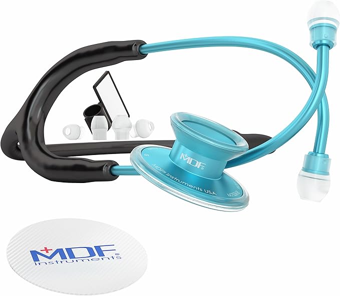MDF Instruments, Acoustica Lightweight Stethoscope for Doctors, Nurses, Students, Home Health Use, Adult, Dual Head, Black Tube, Aqua Chestpiece-Headset, MDF747XPAQ11