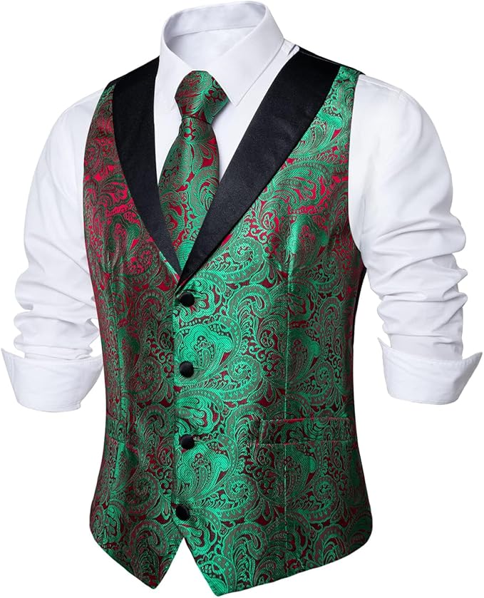 DiBanGu Mens Paisley Suit Vest Silk Jacquard Waistcoat and Necktie Set Formal Shawl Collar Dress Vest 7PCS for Wedding Party
