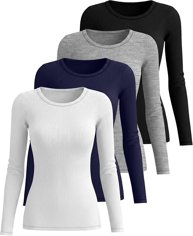 Neer 4 Pack Women's Ribbed Long Sleeve Shirts, Cotton Crew Neck Slim Fit Tops Stretch Knit Casual Base Layer Basic Tee Shirts