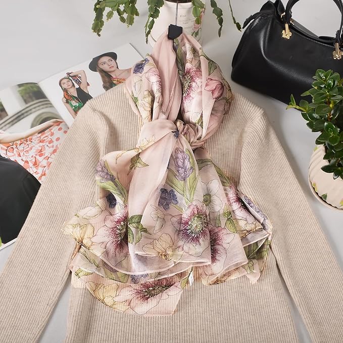100% Mulberry Silk Women's Neck Silk Scarf-Lightweight Shawl,FLoral Print Beach Silk Wrap-Scarves for Photography