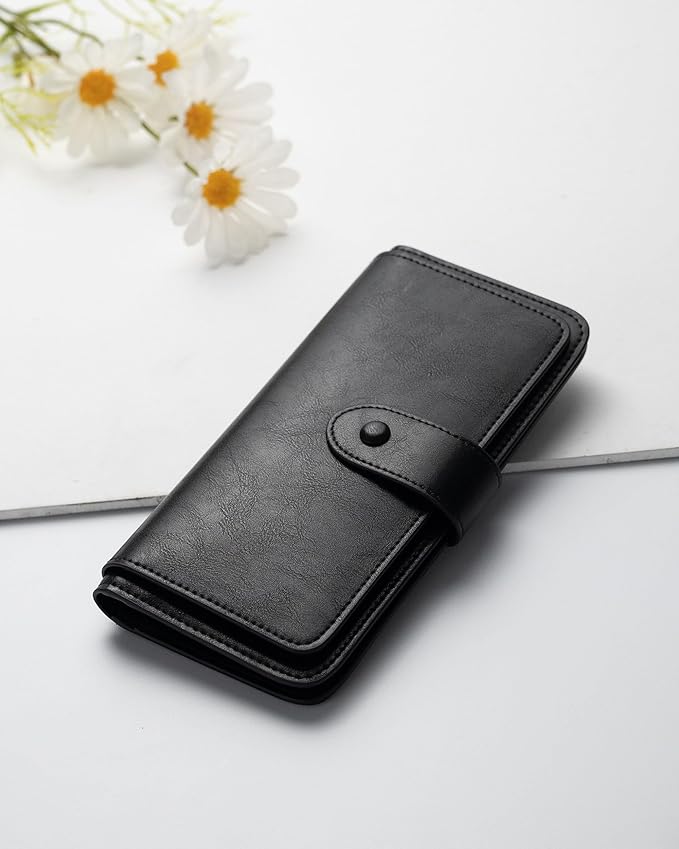 RFID Blocking Leather Wallet for Women, Slim Trifold with 14 Card Slots and Zipper Pocket (Black)