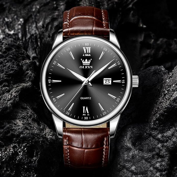 OLEVS Men Leather Watch,Mens Wrist Watches,Big Face Watches for Men,Leather Band Watches for Men,Day Date Watches for Men,Waterproof Watches for Men,Men Classic Watch,Reloj para Hombres