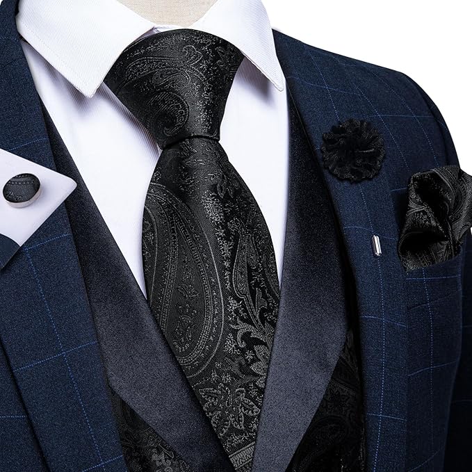 DiBanGu Mens Paisley Suit Vest Silk Jacquard Waistcoat and Necktie Set Formal Shawl Collar Dress Vest 7PCS for Wedding Party