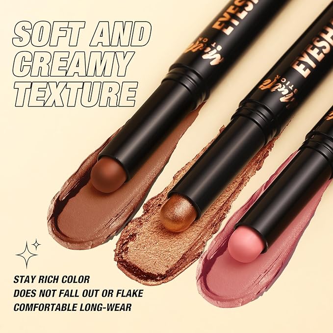 LANGMANNI 6Colors Dual-Ended Cream Eyeshadow Stick Set – Silky Smooth, Waterproof & Transfer-Proof, Built-in Blender Brush, All-Day Matte & Shimmer Wear Eye Makeup(#1+3+7+8+9+10)