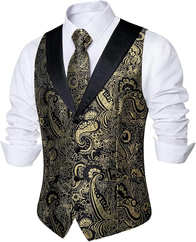 DiBanGu Mens Paisley Suit Vest Silk Jacquard Waistcoat and Necktie Set Formal Shawl Collar Dress Vest 7PCS for Wedding Party