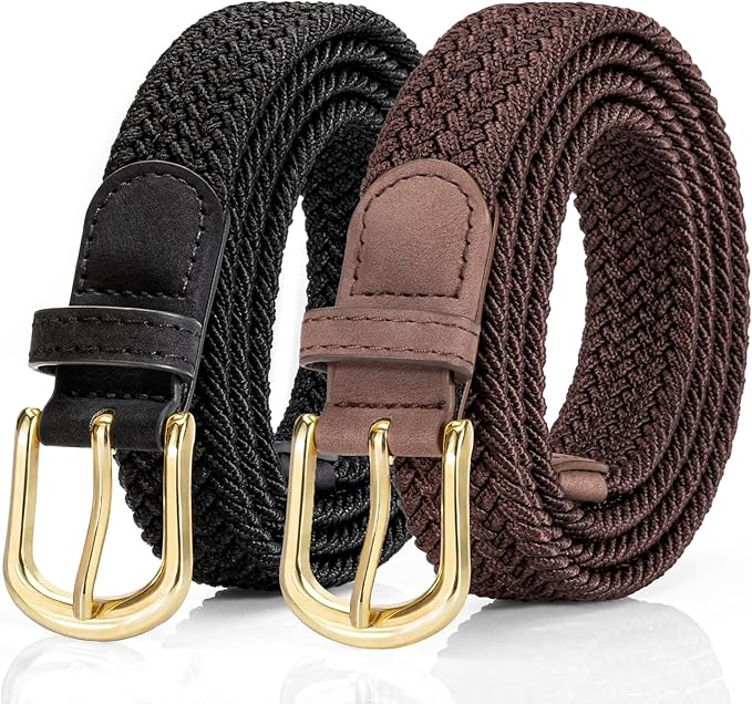 2 Pack Braided Belt for Women, Elastic Woven Stretch Fabric Cloth Belt with Gold Buckle