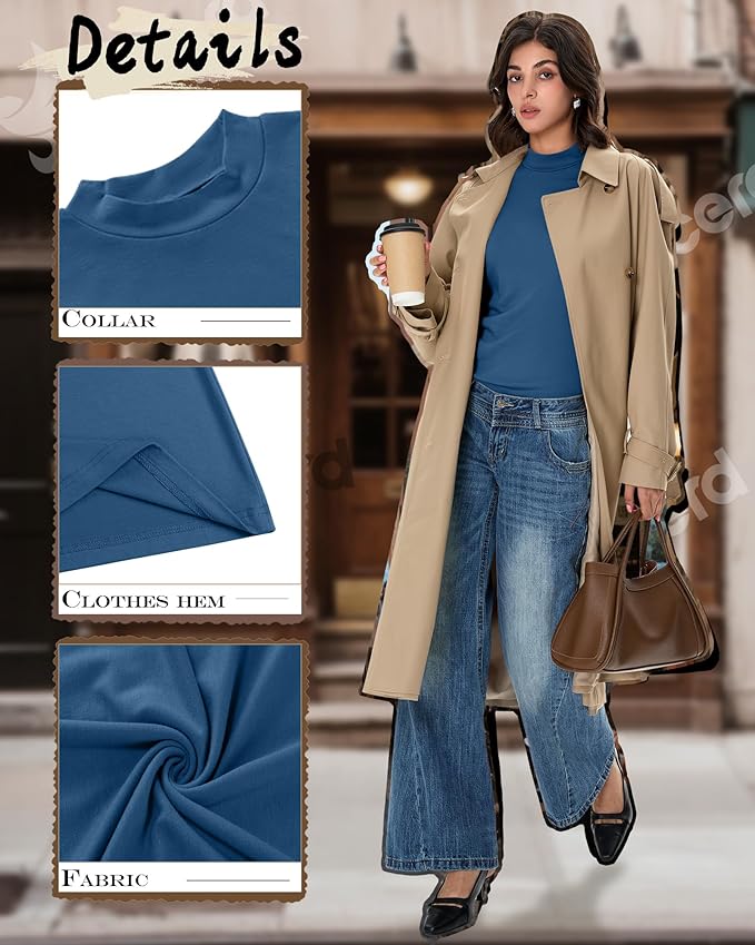 Ficerd 3 Pack Women's Mock Turtleneck Shirts, Long Sleeve Mock Neck Pullover Tops Slim Fitted Stretch Undershirt Tee Blouse