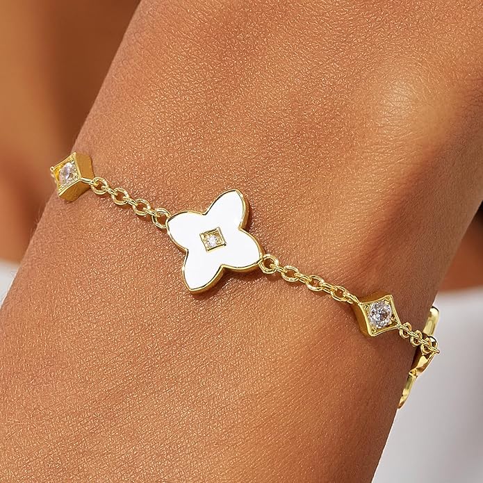 Cicy Bell Womens 18k Gold Plated White Shell Cubic Zirconia Square Cross Adjustable Chain Link Bracelets 6.69" with 2" Extender