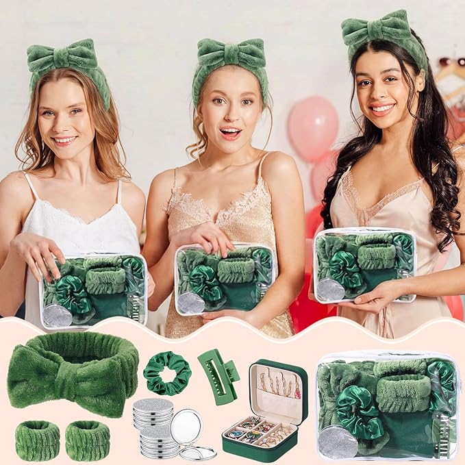 Spa Party Favors Pink Sleepover Party Supplies Bow Headband Wristband Scrunchies Hair Clip Jewelry Case Makeup Bag Mirror for Women Bridesmaid Return Gifts(Green,48 Pcs)