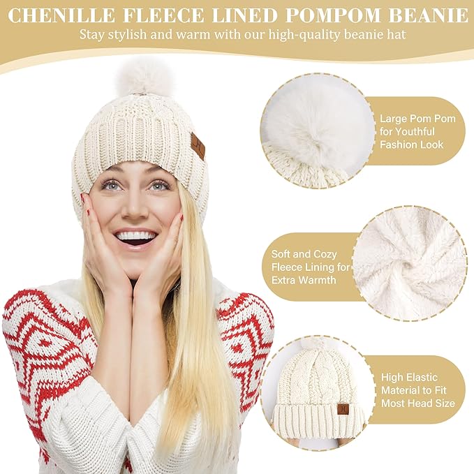 Womens Winter Beanie Hats Scarf Touchscreen Gloves Set Chenille Knit Fleece Lined Beanies Pompom Hat Scarves
