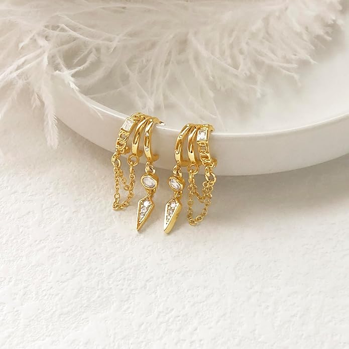 14K Gold Plated Hoop Earrings for Women Triple Huggie Illusion Stud Earring | Double Huggie Hoop Earrings for One Hole | Claw Ear Cuff Earring Jewelry Gift for Women