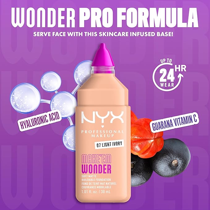 NYX PROFESSIONAL MAKEUP Make 'Em Wonder Liquid Foundation, 24HR Foundation Makeup With A Soft Matte Finish, Buildable Full Coverage - 07 Light Ivory