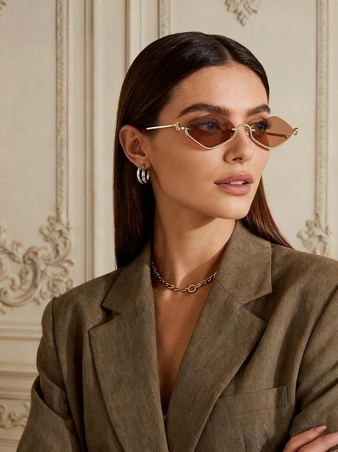 Retro Y2k Sunglasses for Women Men,Trendy Semi-Rimless Sun Glasses Irregular Narrow Gold Sunnies UV400