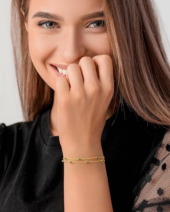 LOUISA SECRET Birthstone Bracelets for Women, 925 Sterling Silver Dainty Simple Women Charm Link Bracelet, Birthday Anniversary Christmas Jewelry Gifts for Women Wife Mom Her