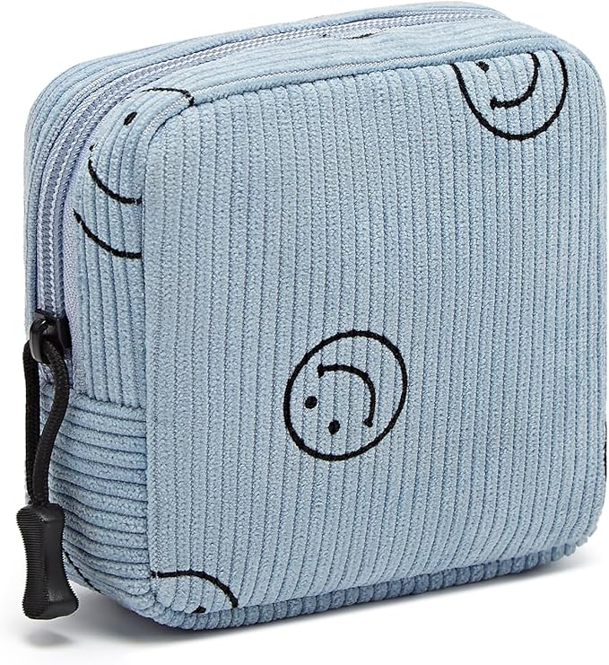 Small Makeup Bag for Purse,Mini Cosmetics Bag cute Zipper corduroy Cosmetic Pouch Storage Pouch Travel Toiletry Organizer for Women Girls(Smiley Face,Blue)