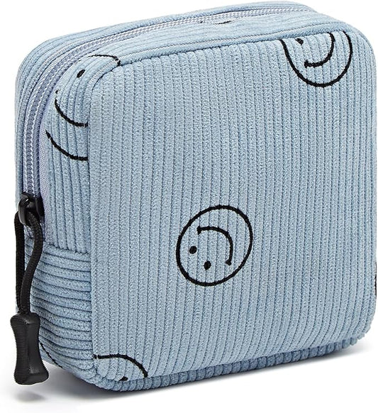 Small Makeup Bag for Purse,Mini Cosmetics Bag cute Zipper corduroy Cosmetic Pouch Storage Pouch Travel Toiletry Organizer for Women Girls(Smiley Face,Blue)