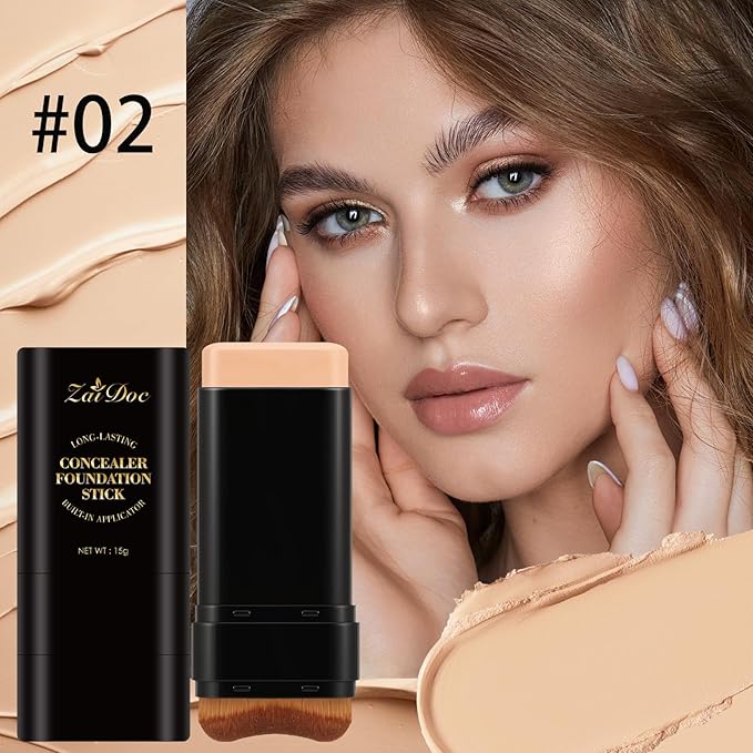 Concealer Foundation Stick, 2-in-1 Long-Lasting Foundation and Concealer with Brush, Creamy Full Coverage for Dark Circles & Blemishes, Hydrating Olive & Camellia, 2.09 Oz (02#)