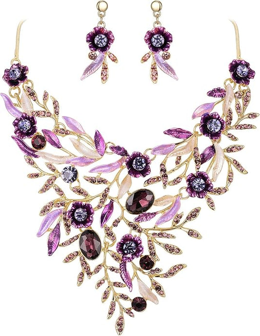 BriLove Wedding Bridal Leaf Cluster Jewelry Set for Women Crystal Flower Enamel Statement Necklace Dangle Earrings