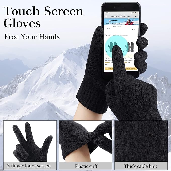 Womens Winter Beanie Hats Long Scarf Touchscreen Gloves Set Warm Knit Skull Caps Gifts for Women