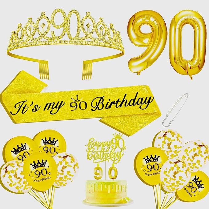 90th Birthday Decorations for Her Girls Set, Include 90th Birthday Crown and 90 Sash, 90th Birthday Cake Topper and 90 Birthday Candles, Gold 90 Balloons, Women 90th Party Supplies(Gold)