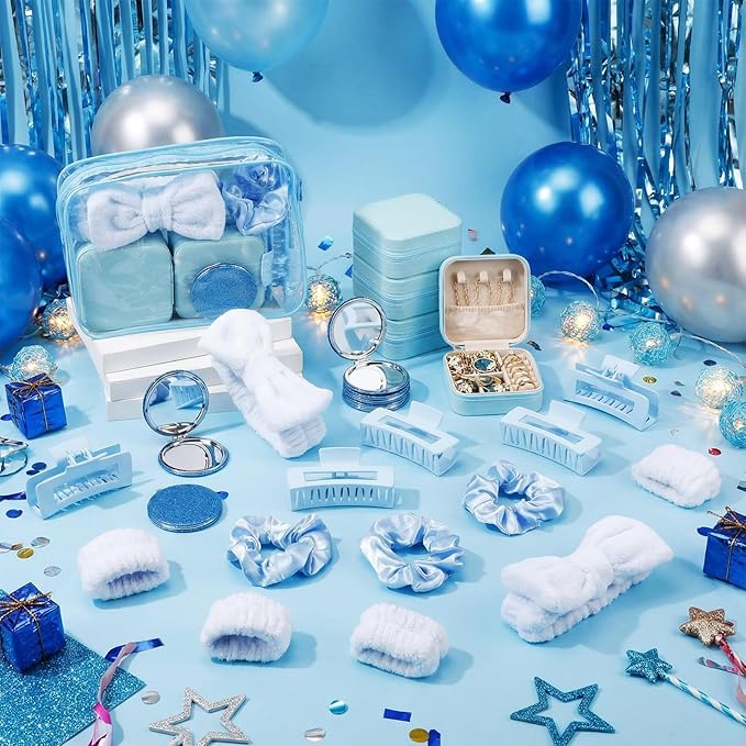 Spa Party Favors Pink Sleepover Party Supplies Bow Headband Wristband Scrunchies Hair Clip Jewelry Case Makeup Bag Mirror for Women Bridesmaid Return Gifts(Blue,48 Pcs)