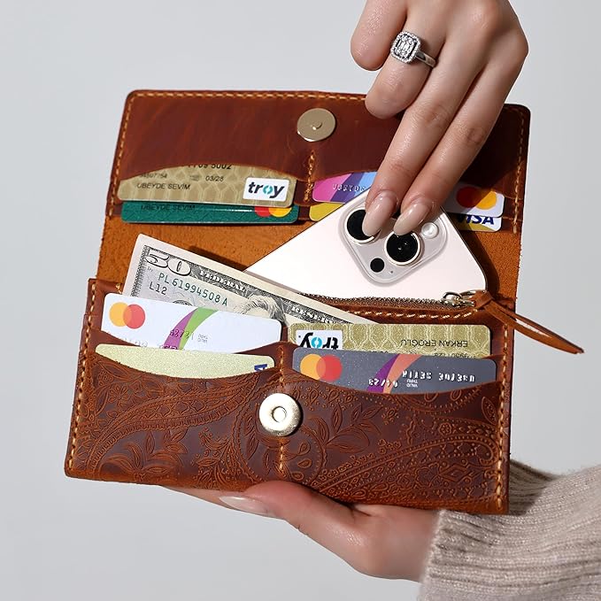 Genuine Leather Handmade Wallet for Women Large Capacity Credit Card Holder Ladies Bifold Long Clutch Handbag Slim Minimalist Western Purse with Zipper Pocket
