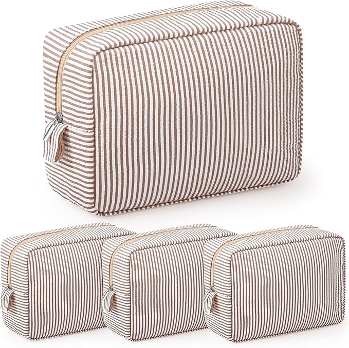Sanwuta 3 Pcs Seersucker Makeup Bags Seersucker Cosmetic Bags Striped Women Large Travel Toiletry Organizer Preppy Storage Pouch for Embroidery Wedding Bridesmaid Gifts(Khaki)