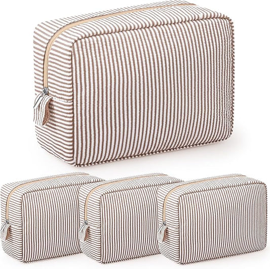 Sanwuta 3 Pcs Seersucker Makeup Bags Seersucker Cosmetic Bags Striped Women Large Travel Toiletry Organizer Preppy Storage Pouch for Embroidery Wedding Bridesmaid Gifts(Khaki)