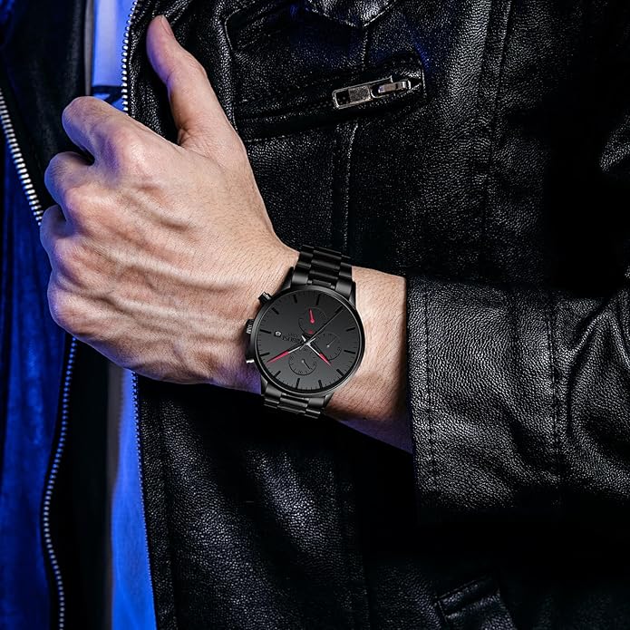 NIBOSI Men's Watches Analog Minimalist Black Dial Watches for Men Business Chronograph Military Casual Wrist Watches Stainless Steel Strap Date