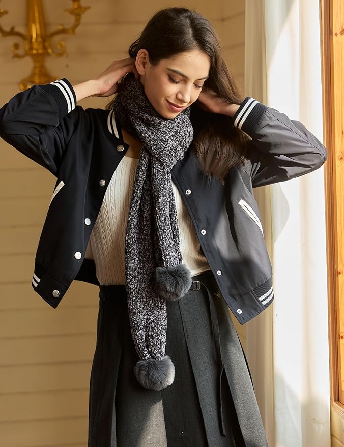 Womens Chenille Scarf with Pompom Winter Knit Warm Scarves for Cold Weather with Gift Box