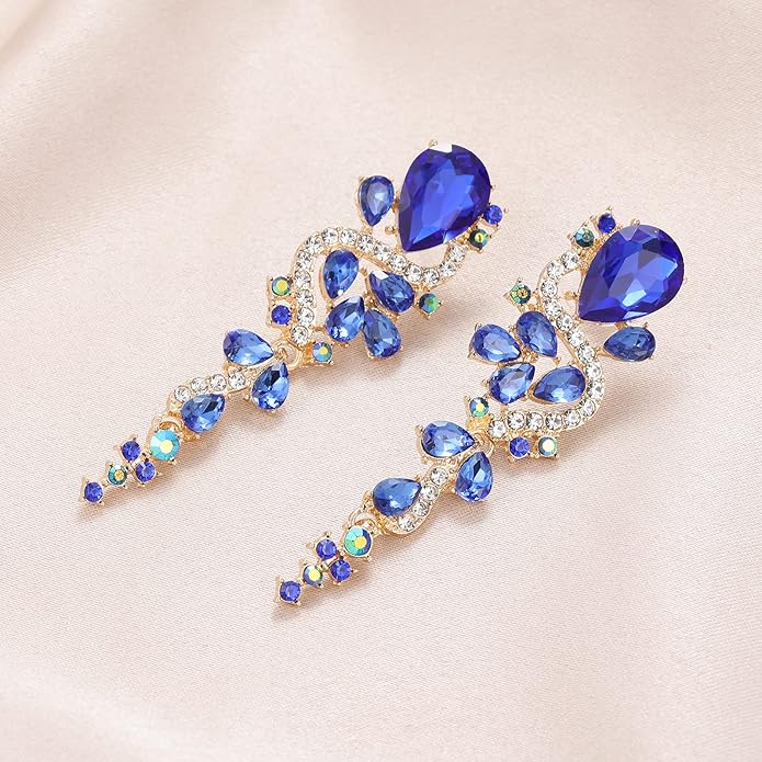 Fashion Rhinestone Statement Drop Dangle Earrings Long Colorful Crystal Bridal Wedding Teardrop Chandelier Earrings for Women Prom Pageant