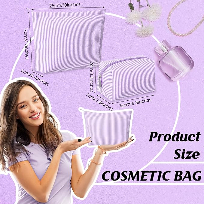 2 Pieces Makeup Bag Set Cute Cosmetic Pouch for Women Seersucker Travel Toiletry Bag Preppy Small Makeup Purse Pouch Aesthetic Skincare Brushes Storage Organizer for Christmas Women(Purple)