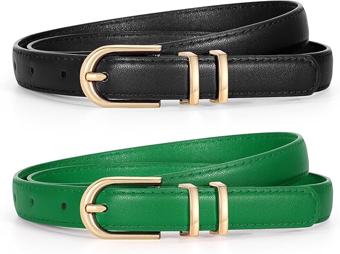 2 Pack Women Skinny Leather Belts for Jeans Pants Thin Faux Leather Belt with Gold Buckle