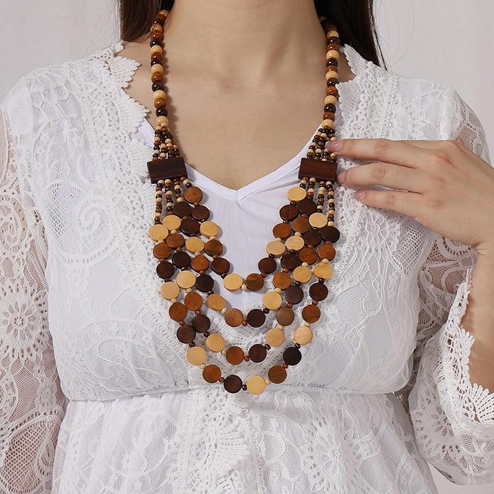 MILAKOO Wood Beads Necklace & Earrings for Women Chunky Multi-Layering Choker Necklace Ear Pendant