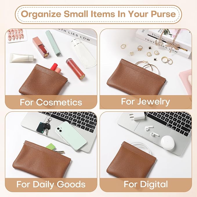 Sightor Leather Pocket Cosmetic Bag for Purse, 2 Pack Small Makeup Bag for Women Coin Purse Lipstick Cosmetic Accessories Organizer Travel Cosmetic Pouch (Brown)