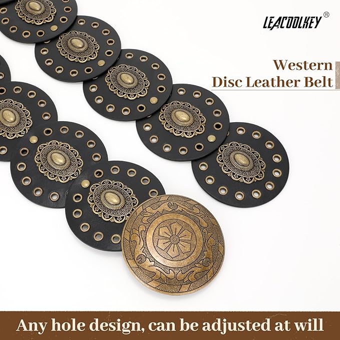 LEACOOLKEY Women's Boho Disc Belt Wide Western Leather Belt Vintage Concho Waist Belts for Dress Jeans