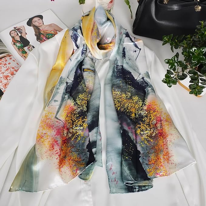 100% Mulberry Silk Scarf for Women Neck Oblong Headscarves Long Floral Print Lightweight Silk Wraps Shawls 67"*20"