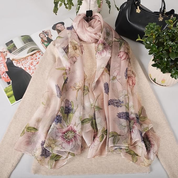 100% Mulberry Silk Women's Neck Silk Scarf-Lightweight Shawl,FLoral Print Beach Silk Wrap-Scarves for Photography