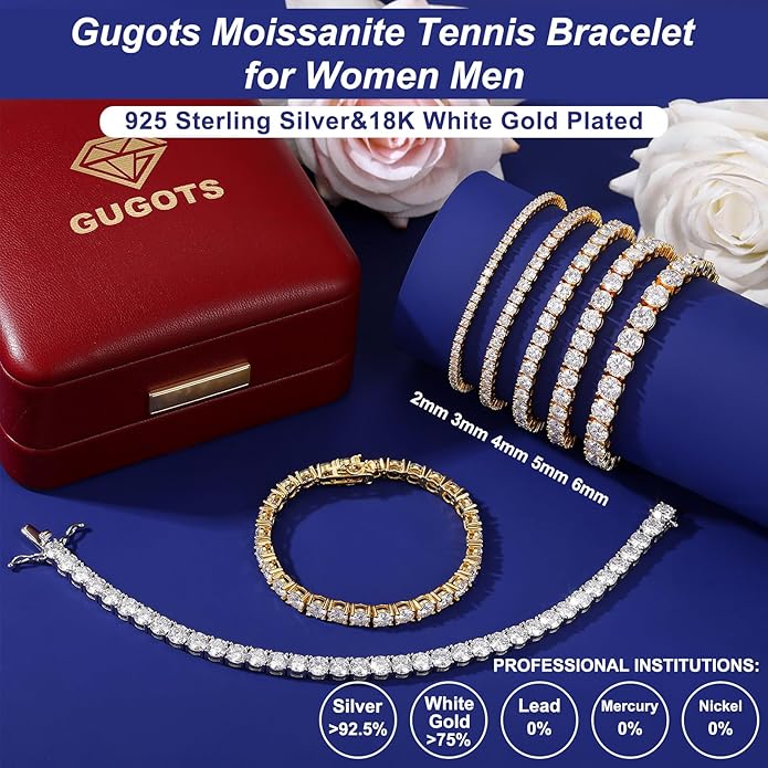 Moissanite Tennis Bracelet for Women Men White/Yellow Gold Plated S925 Sterling Silver D Color VVS1 Round Cut Moissanite Bracelets 2/3/4/5/6MM 6.5/7/7.5/8inch