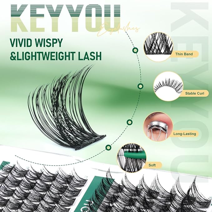 Lash Clusters 96pcs Individual Lashes Y22 D Curl 10mm Eyelash Clusters KEYYOU Volume Wispy Lash Extension Soft&Comfortable Easy DIY at Home(Y22,D-10mm)