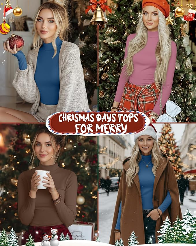 Ficerd 3 Pack Women's Mock Turtleneck Shirts, Long Sleeve Mock Neck Pullover Tops Slim Fitted Stretch Undershirt Tee Blouse