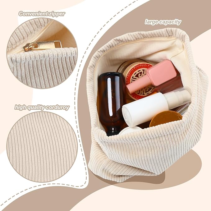 Sanwuta 3 Pack Corduroy Makeup Bag Set Cosmetic Toiletry Travel Pouch Organizer Velvet Makeup Bag for Women Large Pouch Zipper Purse Make up Organizer, Women Girls Gift(Beige)