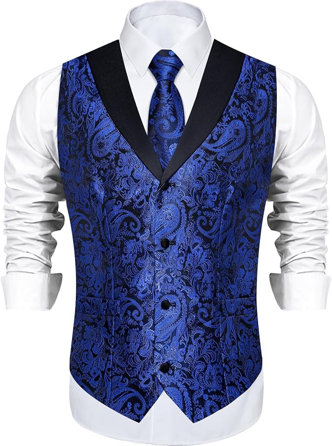 DiBanGu Mens Paisley Suit Vest Silk Jacquard Waistcoat and Necktie Set Formal Shawl Collar Dress Vest 7PCS for Wedding Party