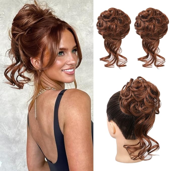 HOOJIH 2PCS Messy Bun Hair Piece, Tousled Updo with Tendrils Hair Bun Extensions Wavy Curly Hair Wrap Ponytail Hairpieces Hair Scrunchies for Women HB010 Dasiy - Dark Copper