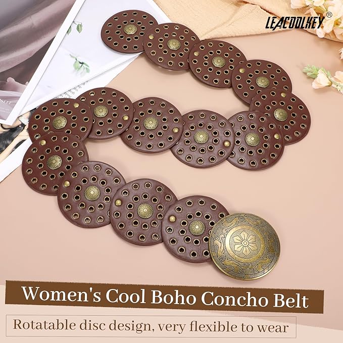 LEACOOLKEY Women's Boho Disc Belt Wide Western Leather Belt Vintage Concho Waist Belts for Dress Jeans