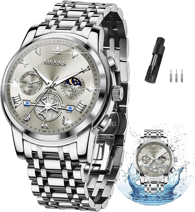 OLEVS Men Silver Watches,Men's Stainless Steel Chronograph Watch,Man Analog Quartz Big Face Male Watches Luxury Waterproof Roman Numeral Dress Diamond Relojes para Hombre