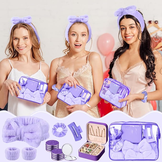 Spa Party Favors Pink Sleepover Party Supplies Bow Headband Wristband Scrunchies Hair Clip Jewelry Case Makeup Bag Mirror for Women Bridesmaid Return Gifts(Purple,48 Pcs)
