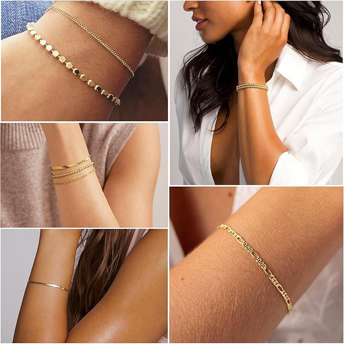 DEARMAY Gold Bracelets for Women Waterproof, 14K Gold Plated Jewelry Sets Trendy Thin Dainty Stackable Cuban Link Paperclip Chain Bracelet Pack Fashion Accessories Gifts for Womens